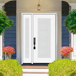 Legacy 51 in. x 80 in. Full Lite Rain Glass RHIS Primed White Finish Fiberglass Prehung Front Door with 12 in. SL