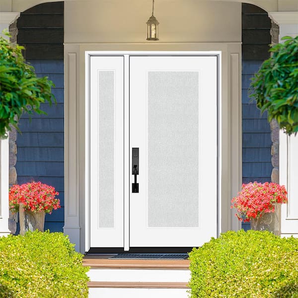 Legacy 51 in. x 80 in. Full Lite Rain Glass LHOS Primed White Finish Fiberglass Prehung Front Door with 12 in. SL