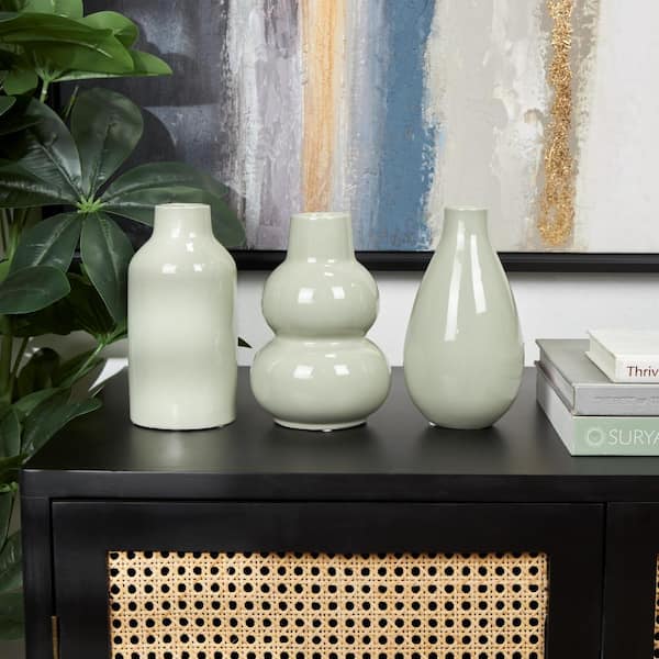Litton Lane Green Minimalistic Rounded Ceramic Decorative Vase with Varying Shapes (Set of 3)