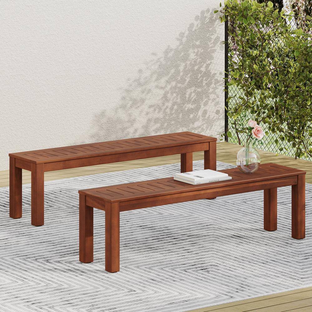 Dark Brown Wood Outdoor Bench Patio Dining Bench (Set of 2)