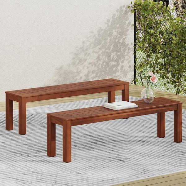 Unbranded Dark Brown Wood Outdoor Bench Patio Dining Bench (Set of 2)
