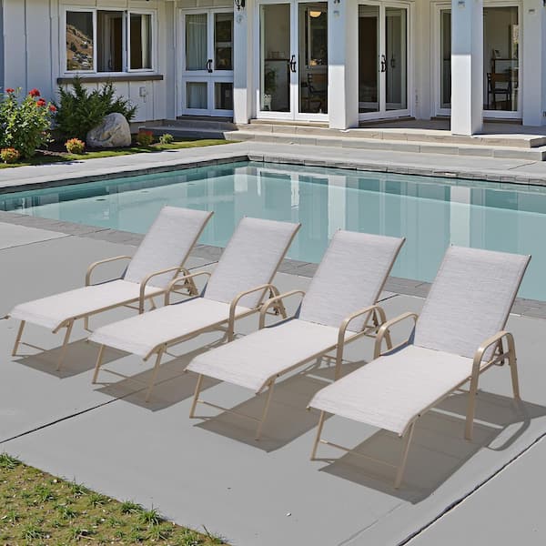 Pellebant 4-Piece Aluminum Metal Patio Outdoor Chaise Lounge Chairs in White and Gray and Blue Mixed Color with Adjustable Back