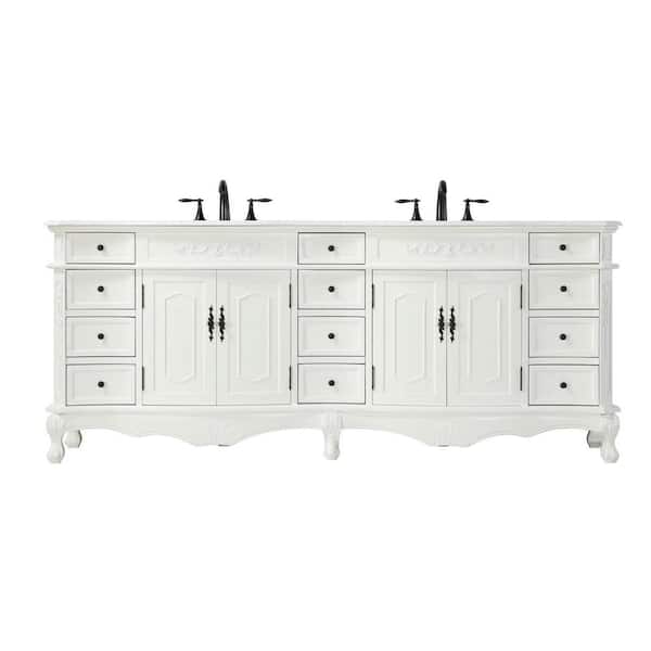 84 in. Double Sink Freestanding Antique White Bath Vanity with Ivory White Engineered Marble Top