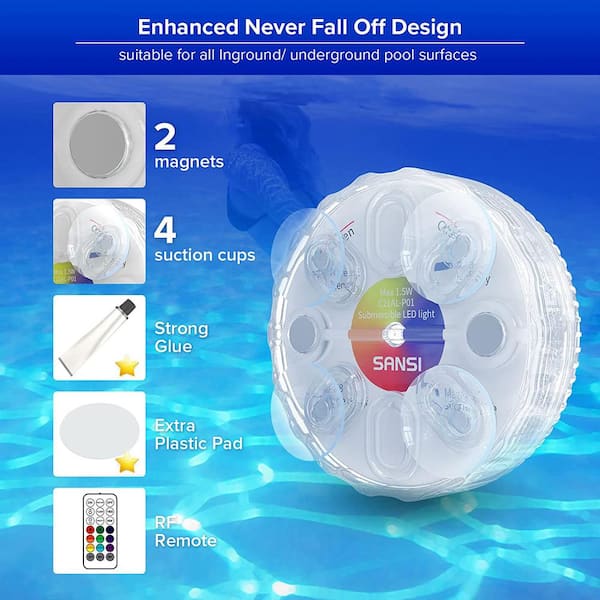 vagabond Svin kondom SANSI RGB Submersible LED Underwater Lights with Magnet and Suction Cups  Waterproof IP68 with 16 Colors RF Remote 4-Pack 01-08-001-156804 - The Home  Depot