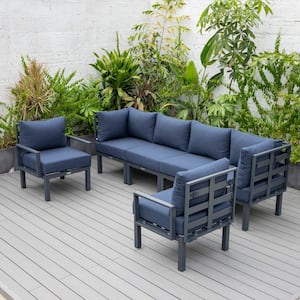 Chelsea Black 6-Piece Aluminum Outdoor Patio Sectional with Blue Cushions