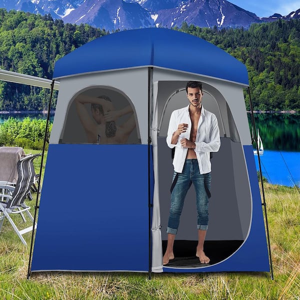Double-Room Blue Camping Shower Toilet Tent with Floor Oversize Portable Storage Bag