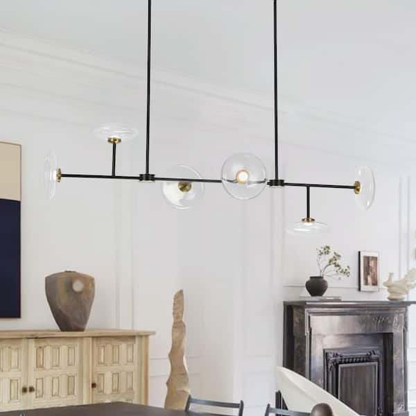 Toluo 6-Light 54.5 in. W Matte Black Integrated LED Chandelier with Saucer Glass Shade Modern Linear Kitchenm Light