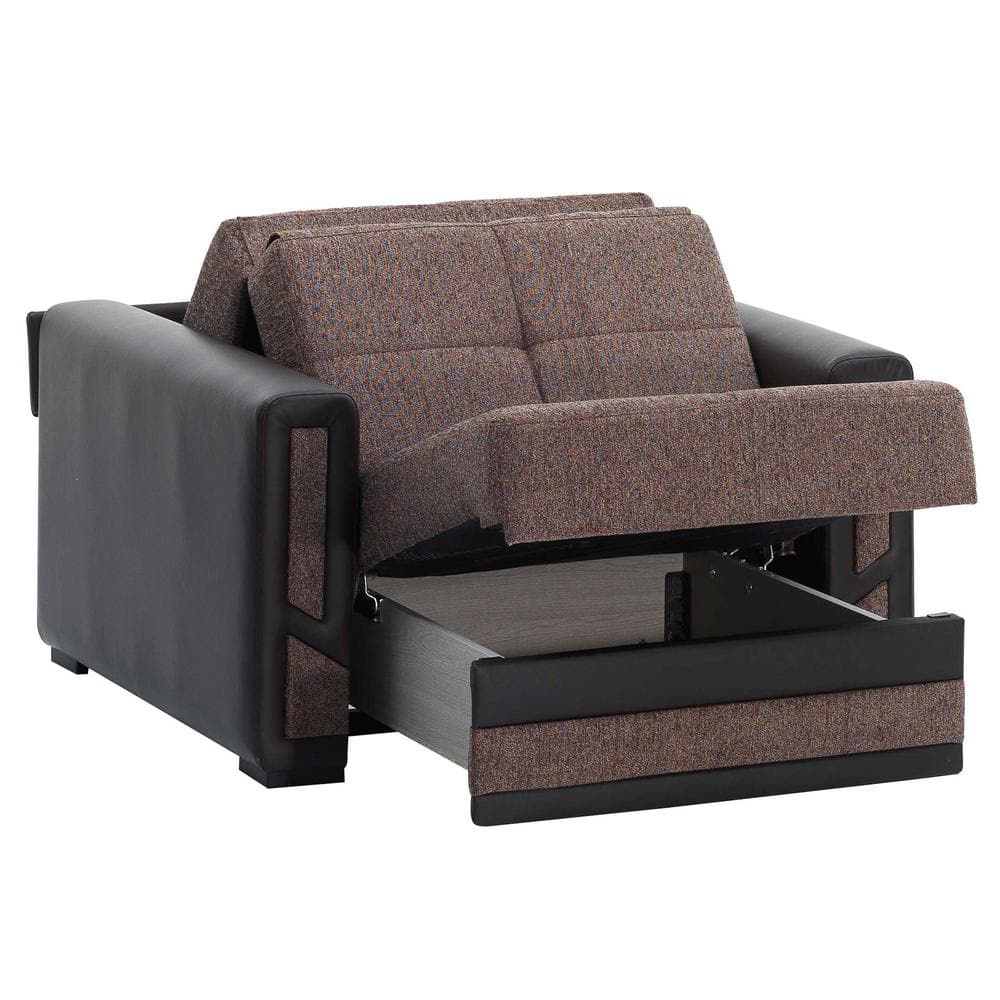 Brown armchair with a pull-out storage drawer underneath the seat.