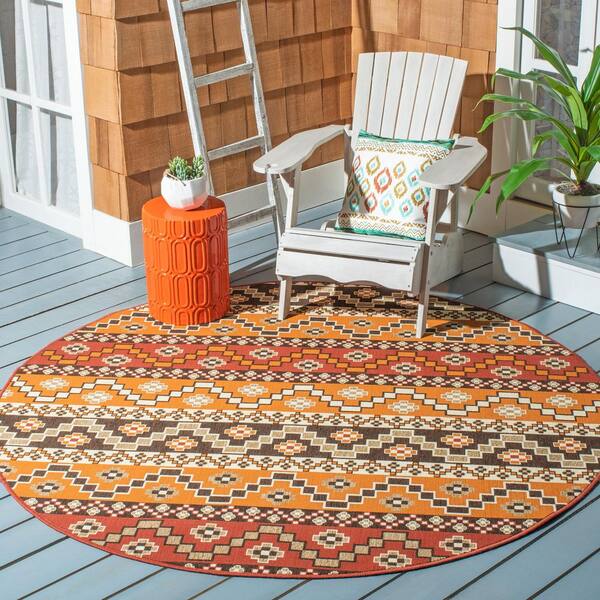 Veranda Red/Chocolate 7 ft. x 7 ft. Aztec Tribal Indoor/Outdoor Round Area Rug