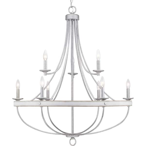 Progress Lighting Gulliver Collection 35-1/4 in. 9-Light Galvanized Coastal Chandelier with Weathered white Wood Accents for Dining Rooms