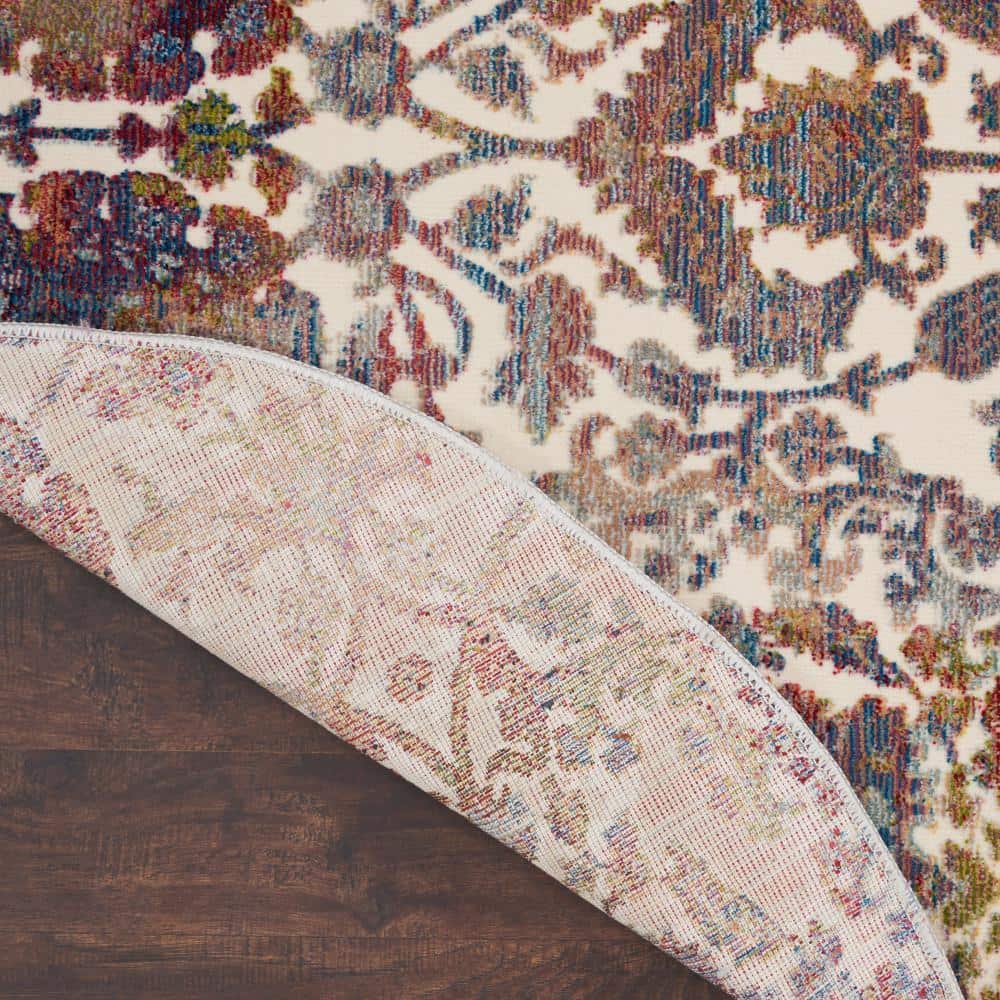 Handmade Round White Multicolor Floral Synthetic Area Rug