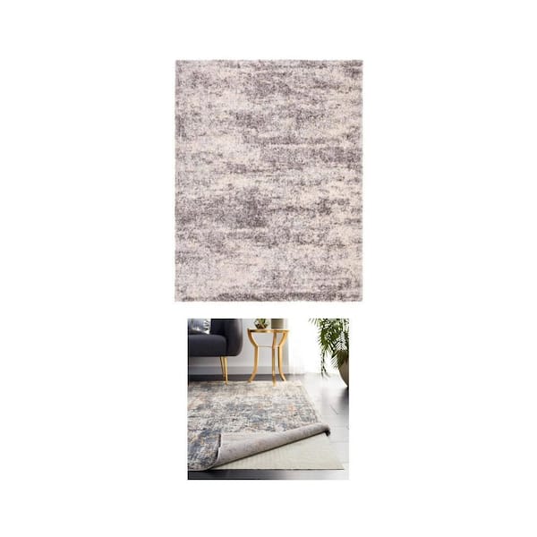 Berber Shag 8 ft. x 10 ft. Gray/Cream Distressed Rug and 8 ft. x 10 ft. Non-Slip Rug Pad