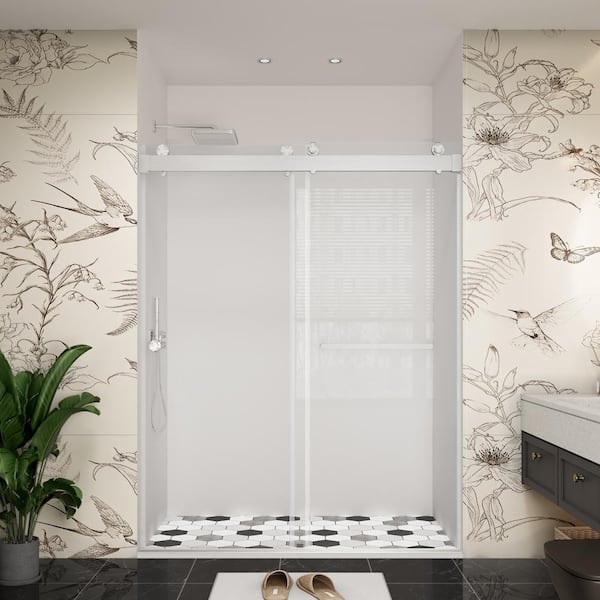 NTQ 60 in. W x 79 in. H Soft Close Double Sliding Bypass Frameless Glass Shower Door in Brushed Nickel 3/8 in. Clear Glass