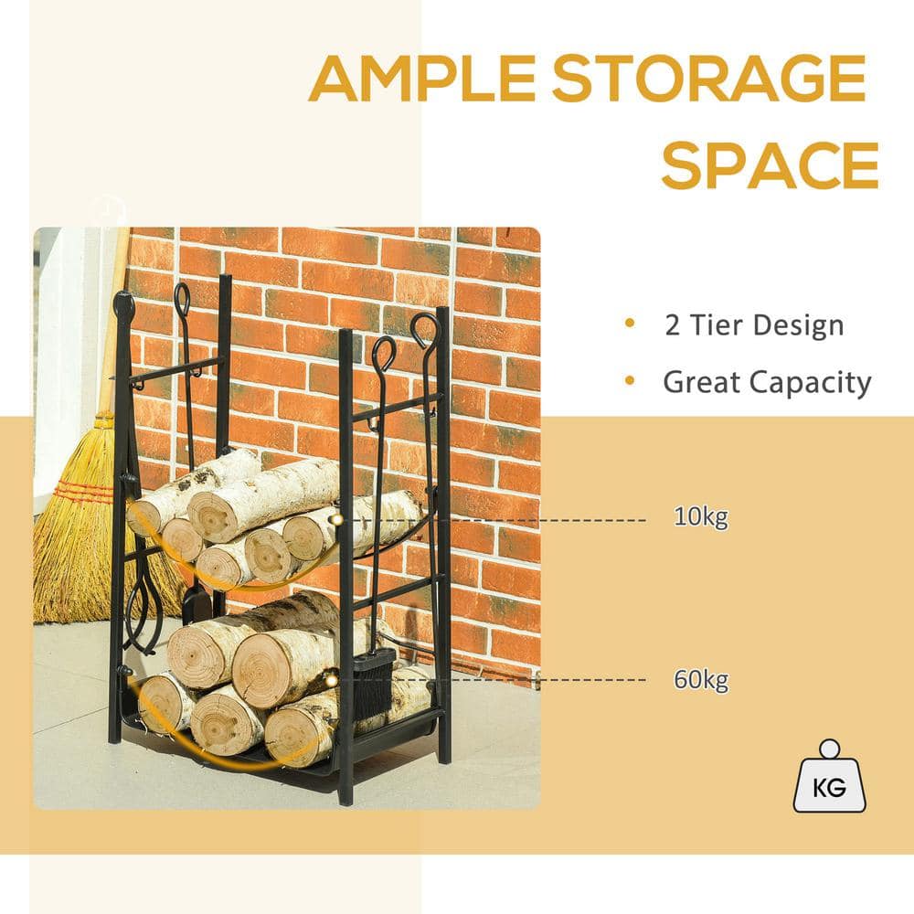Black Powder-Coated Steel 2-Tier Firewood Storage Rack with Tools
