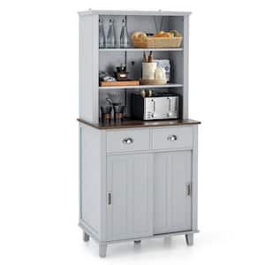 Grey Wood 30 in. Freestanding Buffet Hutch Kitchen Pantry Storage Cabinet with Sliding Doors