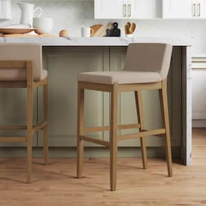 Gracie 29 in. Modern Cushioned Bar Height Stool with Natural Flax Upholstery and Brushed Wooden Legs, Natural Flax/Brown