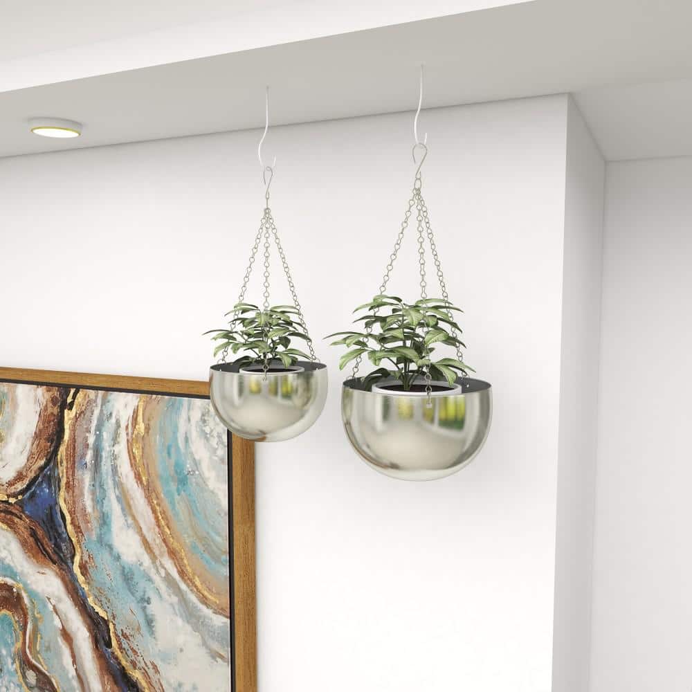 Set of 2 Silver Iron Hanging Planters with Chains