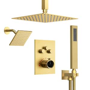 7-Spray Patterns Thermostatic 12 in., 6 in. Ceiling Mount 2.5 GPM Fixed and Handheld Shower Head in Brushed Gold