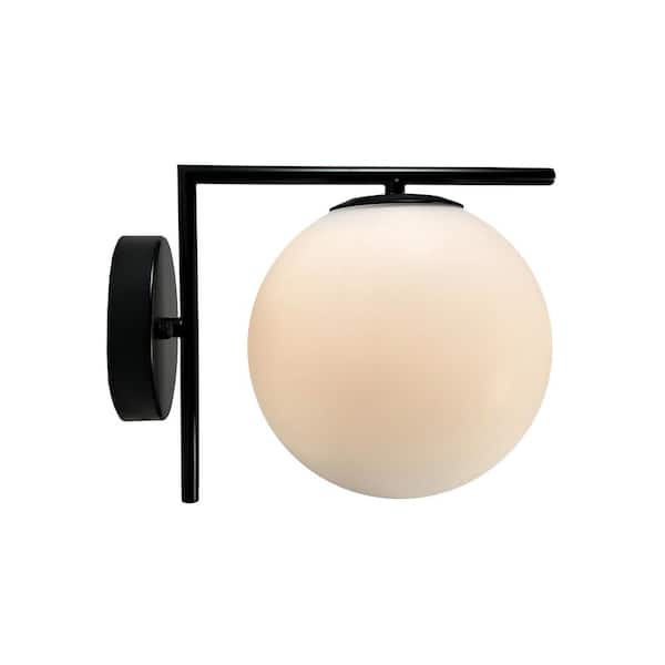 EQLight Mid Century 1-Light Black Wall Sconce with Glass Globe Shade