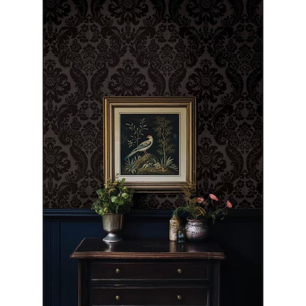 Shadow Black Flocked Damask Wallpaper Sample