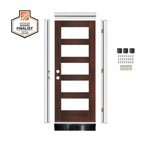 Krosswood Doors DIY RTA Kit 32 in. x 80 in. Hemlock RH/Inswing 5-Lite Clear Glass Red Mahogany Stain Wood Ready to Assemble Front Door