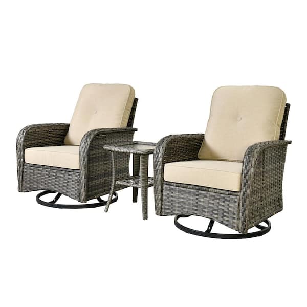 Melora Gray 3-Piece Wicker Outdoor Recliner Swivel Rocking Chair with Beige Cushions & Side Table, for Patio, Porch