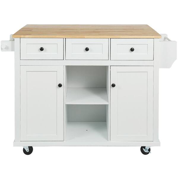 White Wood 53.1 in. Kitchen Island on 5-Wheels with Storage Cabinet and 3-Drawers for Dinning Room LH-705