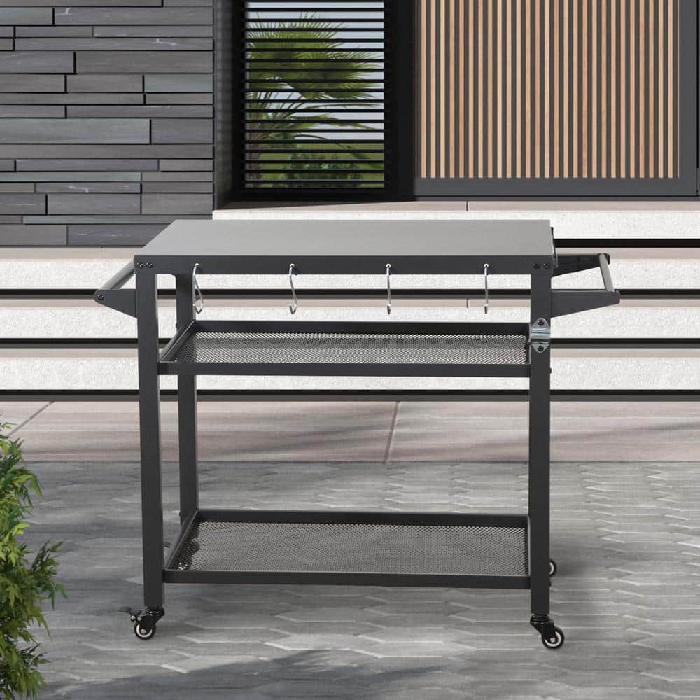 Gray Stainless Steel 3-Shelf Outdoor Grill Cart with Wheels