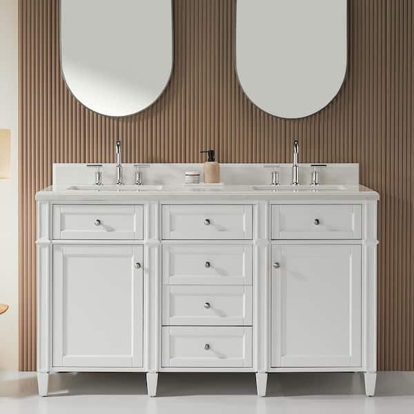 60 in. Double Sink Freestanding White Bath Vanity with White Quartz Top (Assembled) with Backsplash Adjustable Hinge