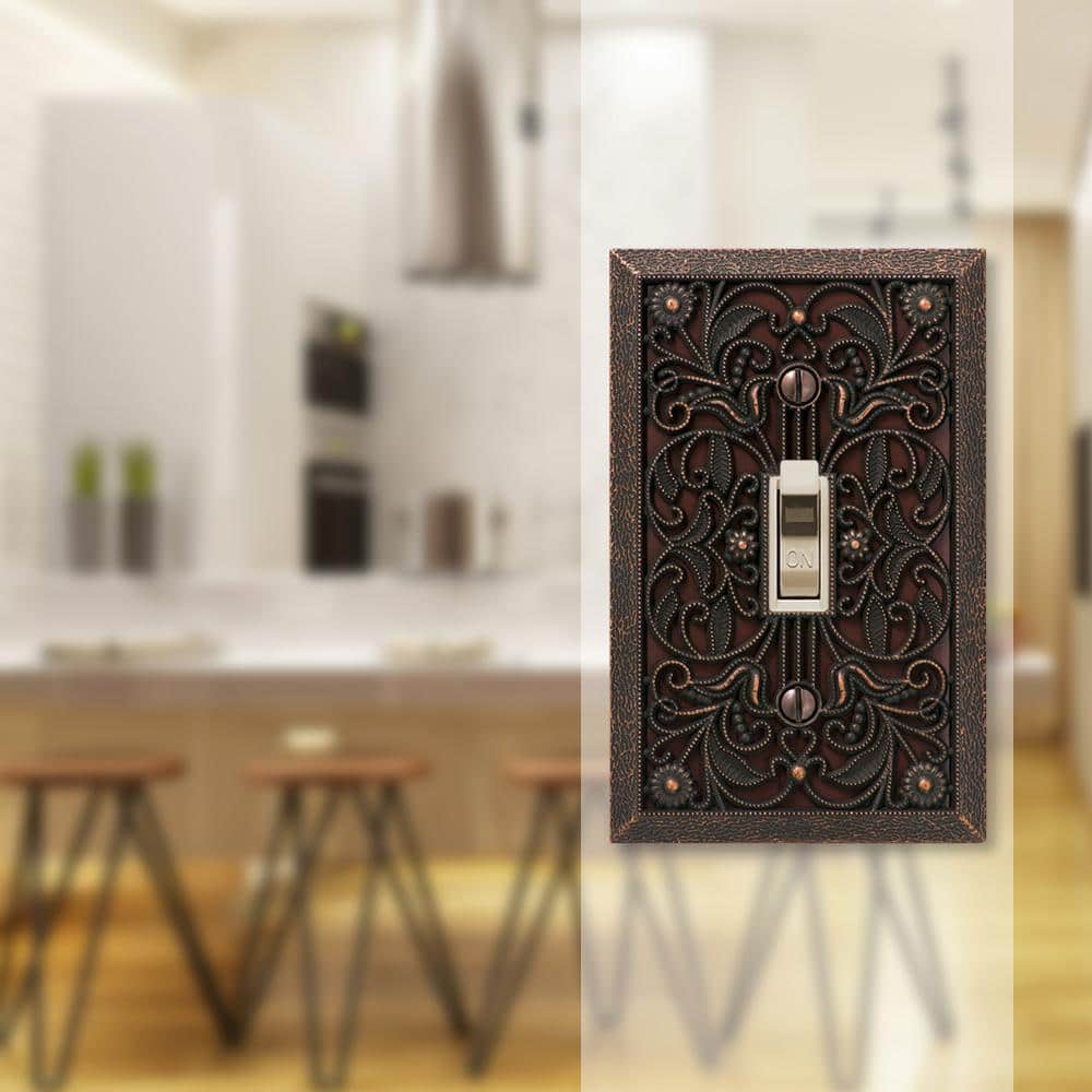 Aged Bronze Filigree Single Toggle Metal Wall Plate