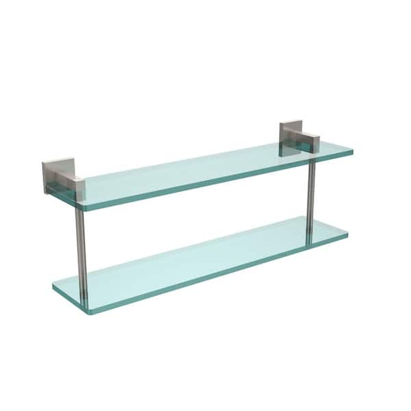 22 in. L x 8 in. H x 5 in. W 2-Tier Clear Glass Bathroom Shelf with Gallery  Rail in Satin Nickel