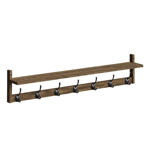 35 in. Brown Wall-Mounted Coat Rack with Wood Shelf and 7 Dual Metal Hooks for Bathroom, Living Room and Bedroom