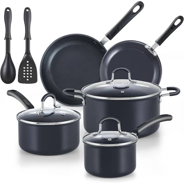 Professional 10-Piece Hard Anodized Aluminum Nonstick Pots and Pans Set with Stay-Cool Handles in Black