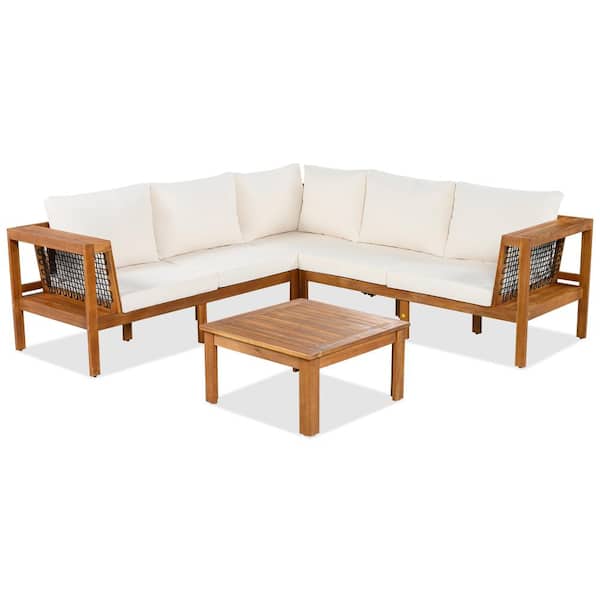 Teak 4 Pieces  Wood Outdoor Couch Patio Furniture Set with Beige Cushions and Acacia Wood Table Top