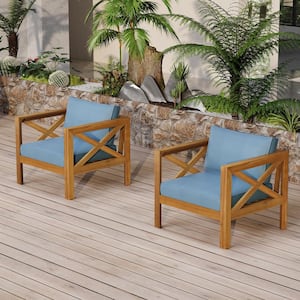 Acacia Wood Outdoor Lounge Chair with Blue Cushions (Set of 2), Teak Finish