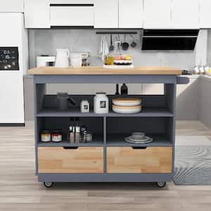 Large Storage Capacity Blue Kitchen Cart Rolling Mobile Kitchen Island Solid Wood Top with 2-Drawers, Tableware Cabinet