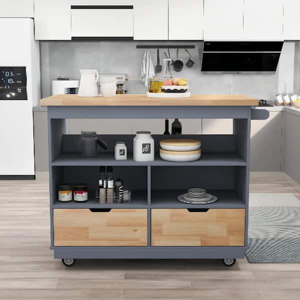Polibi Large Storage Capacity Blue Kitchen Cart Rolling Mobile Kitchen Island Solid Wood Top with 2-Drawers, Tableware Cabinet