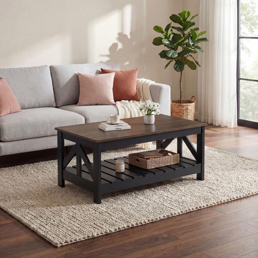 LACOO Farmhouse 39 in. Brown/Black/ White Rectangle Wood Coffee