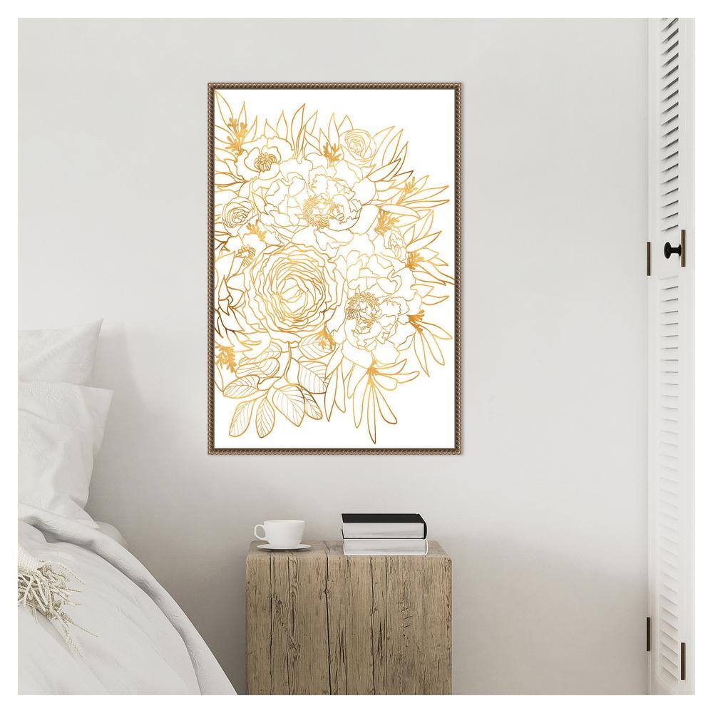 Gold Botanical Rose Beaded Framed Canvas Wall Art
