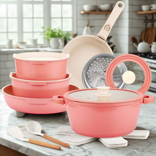 6 qt. Aluminum Pots and Pans Set Non Stick Pink, 19-Piece Nonstick Cookware Set with Detachable Handle Cookware Set