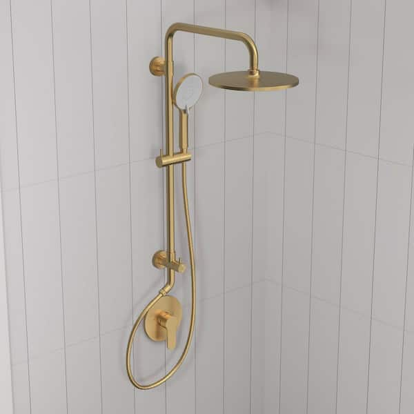 Single Handle 3-Spray 10 in. Tub and Shower Faucet 2.5 GPM with 3 Modes Handheld Shower in. Brushed Gold Valve Included