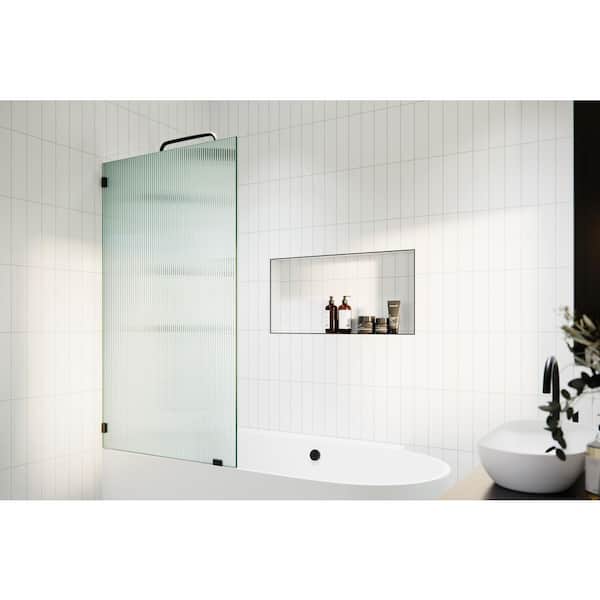 Gaia 30 in. W x 58.25 in. H Single Fixed Frameless Fluted Frosted Bath Panel Shower Tub Door