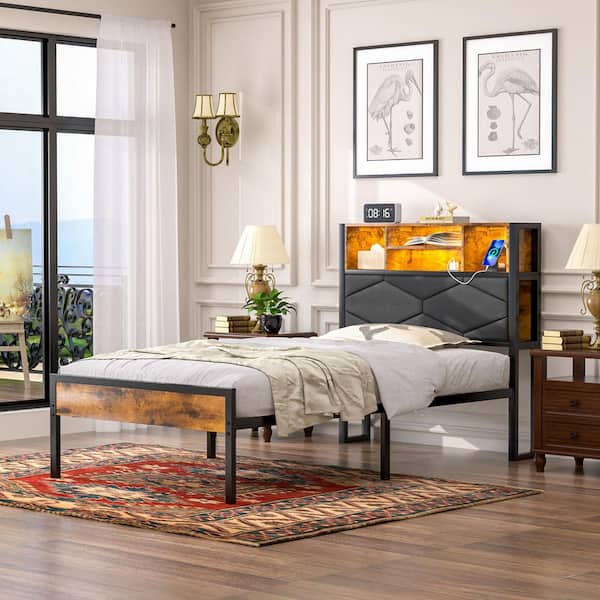 LED Bed Frame Brown Metal Frame Twin Platform Bed with Charging Station, Storage Headboard, USB and Outlets, Upholstered