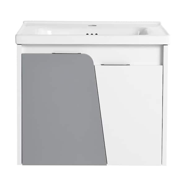 JimsMaison 24 in. W x 18.5 in. D x 20.7 in. H Wall Mounted Bath Vanity in White with White Ceramic Top