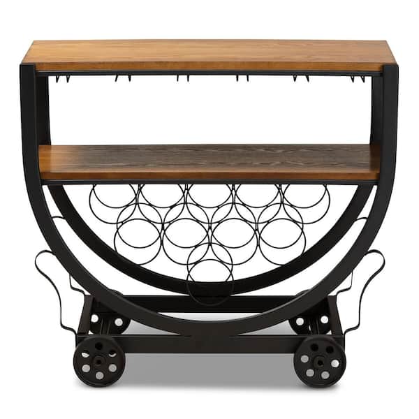 Baxton Studio Triesta Medium Brown and Bronze Wine Cart with Wine Glass Storage