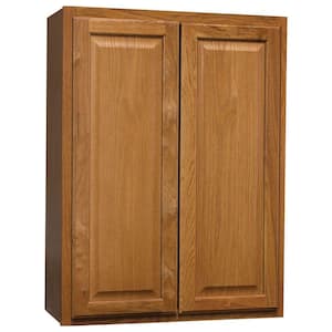 Hampton 27 in. W x 12 in. D x 36 in. H Assembled Wall Kitchen Cabinet in Medium Oak