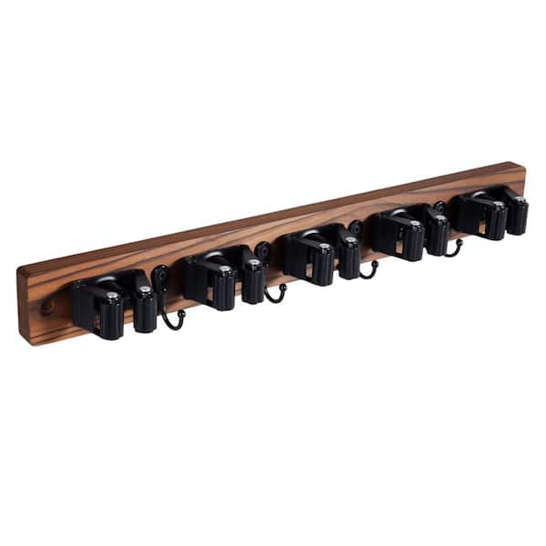 Rustic Wood 2.2 in. Gray Stainless Steel Anti-Slip 5 Slot 4 Hook Wall Rack with Mounting Hardware for Tool Storage