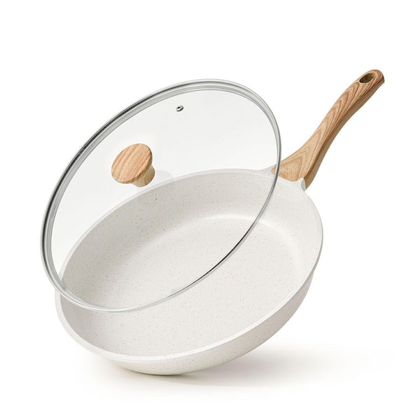 8 in. Nonstick Skillet in White Ceramic with Lid, Non-toxic Chef's Pan Induction Compatible Pan, Heat Resistant Handle