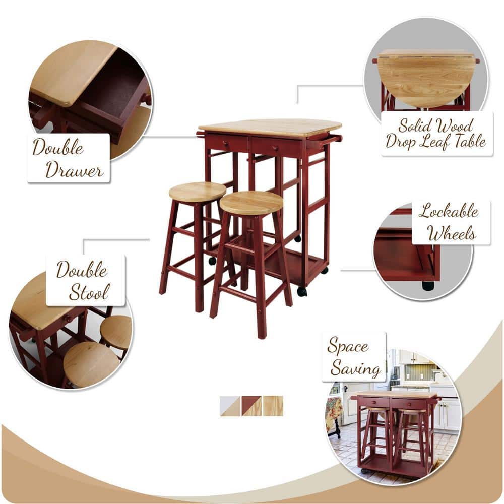 Round Red Butcher Block Kitchen Cart with Drop-Leaf and Storage
