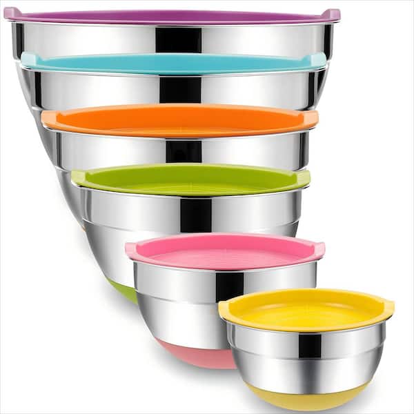6-Piece Stainless Steel Chef Mixing Bowls with Airtight Lids, Metal Nesting Storage Bowls for Mixing Serving, Multicolor